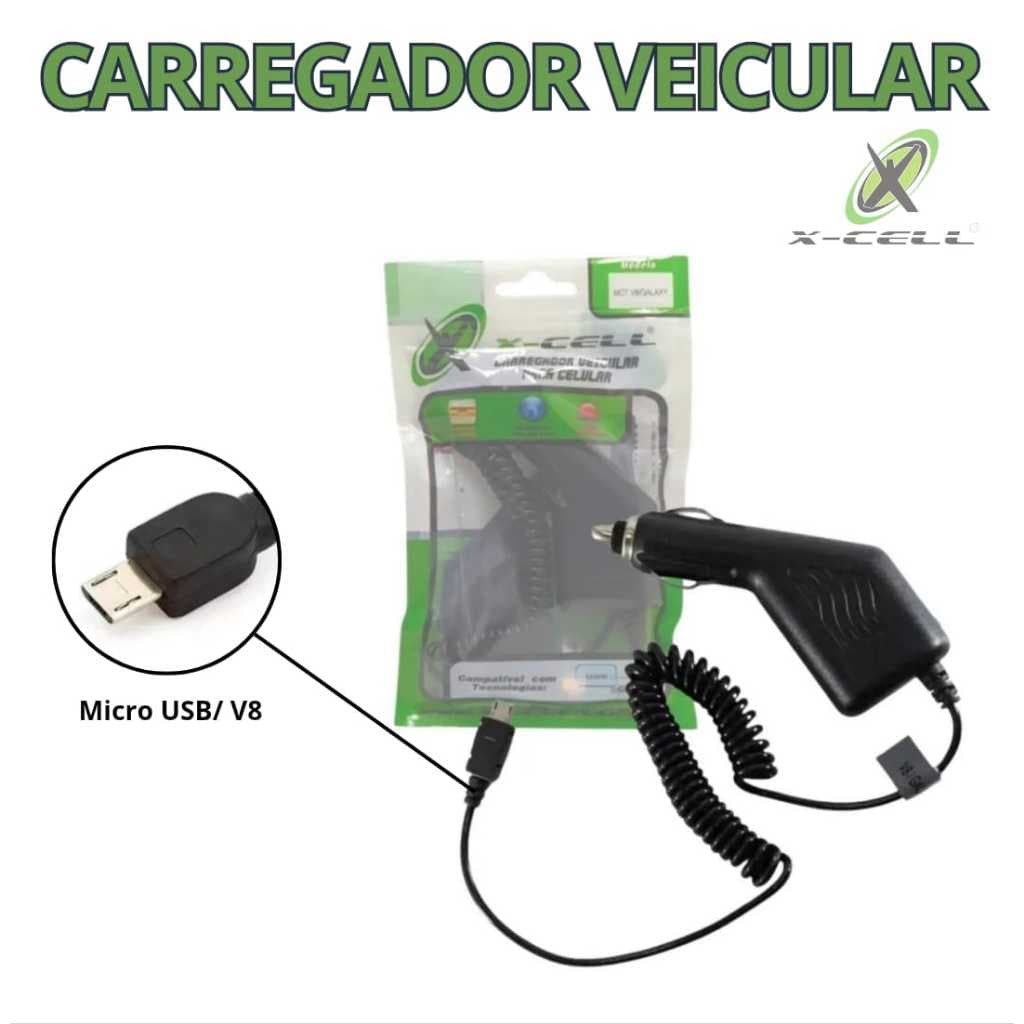Carregador Veicular Micro USB / V8 com Cabo Espiral para Carregar Fones e Eletrônicos abaixo de 1A  Preto  X-Cell