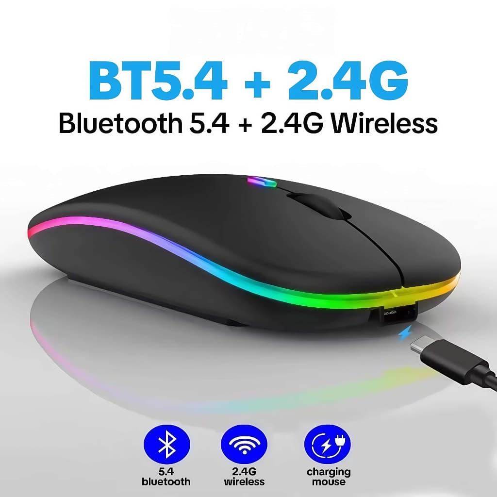Mouse Sem Fio com Bluetooth Recarregável Wireless Led Rgb Ergonômico FLUX