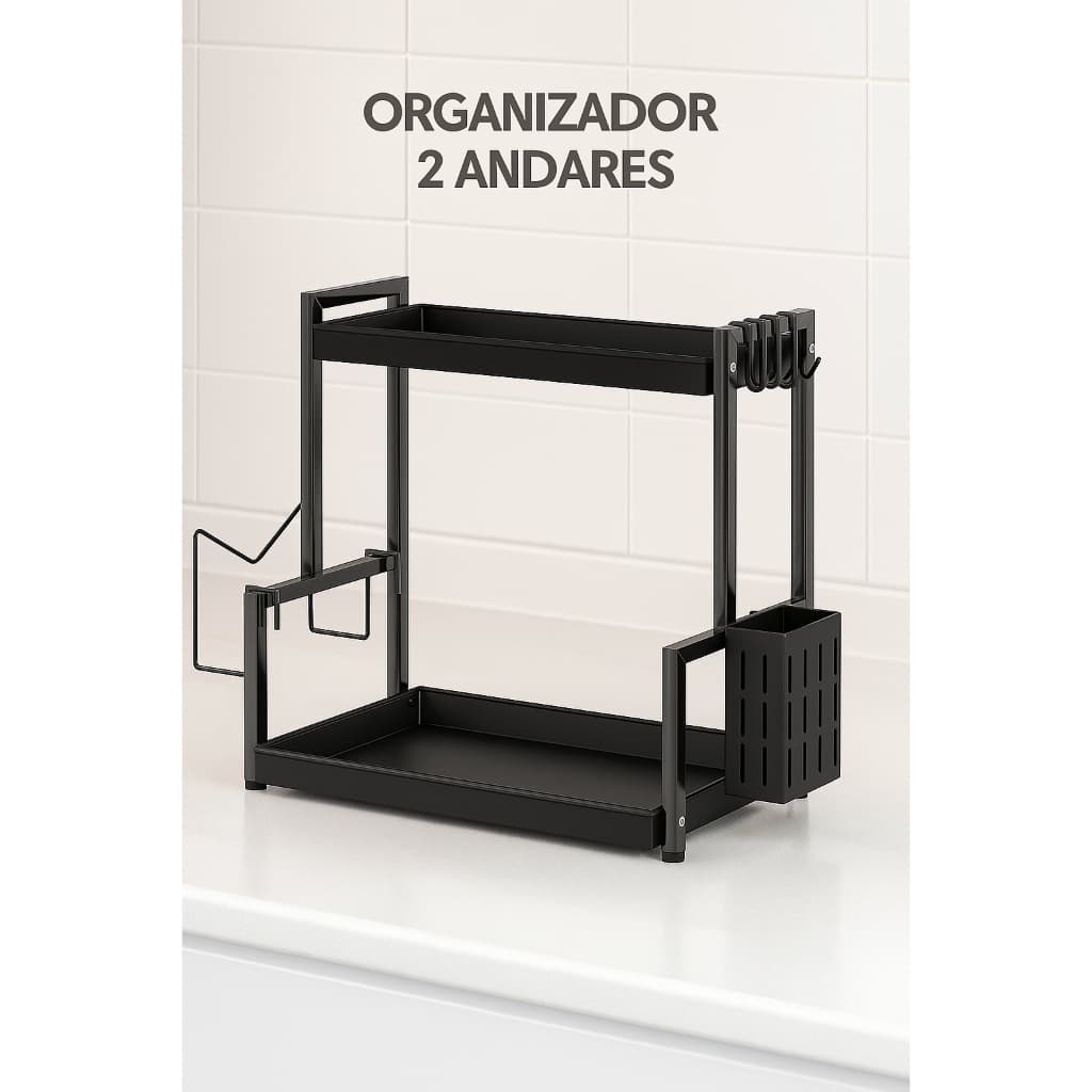 Organizador De Metal Multiuso Com 2 Andares Preto Para Escritório Casa Cozinha