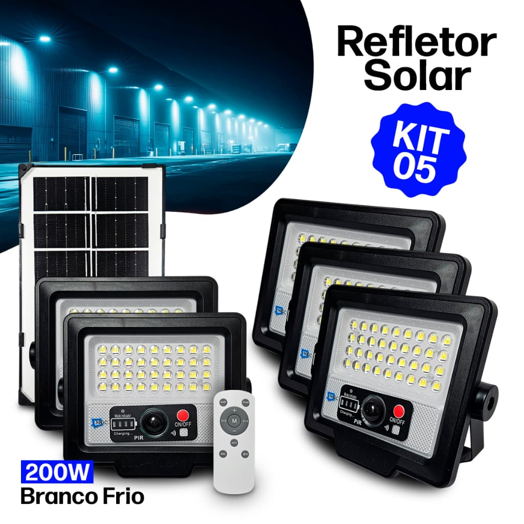 Kit 5 Luminária Refletor Solar LED 200W Prova D’Água Controle Remoto Sensor de Presença 36 Leds