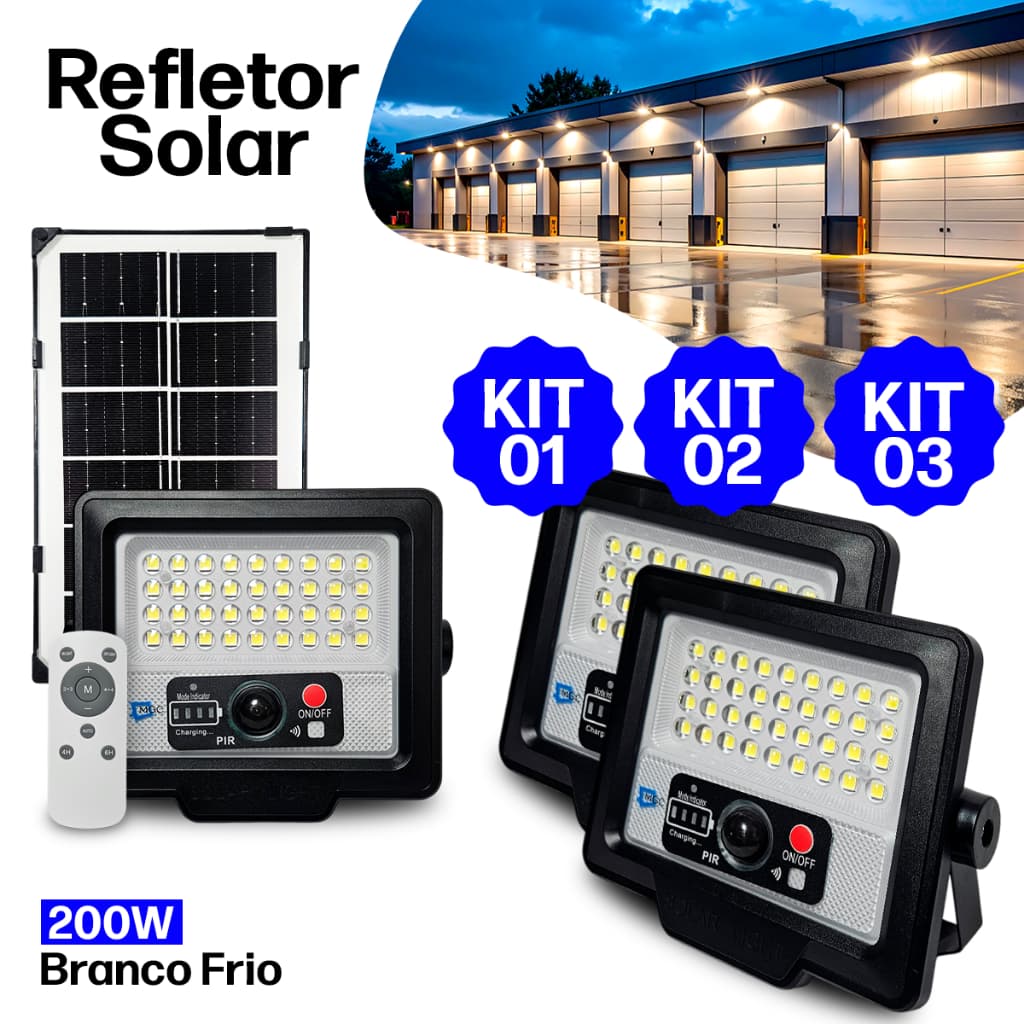 Luminária Refletor Solar LED 200W Prova D’Água Controle Remoto Sensor de Presença 36 Leds