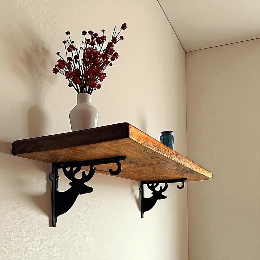 Prateleira p/ Parede Rústica Madeira Maciça 80x30cm Suporte Alce Em Metal Resistente Decoração Retrô