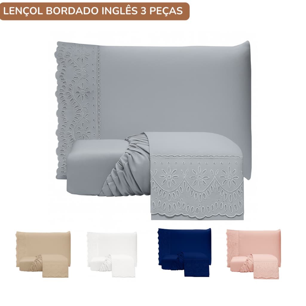 Jogo de Lençol 3 Peças Casal Padrão/Queen Size 400 Fios Com Elástico Extra Macio Lese Bordado Inglês
