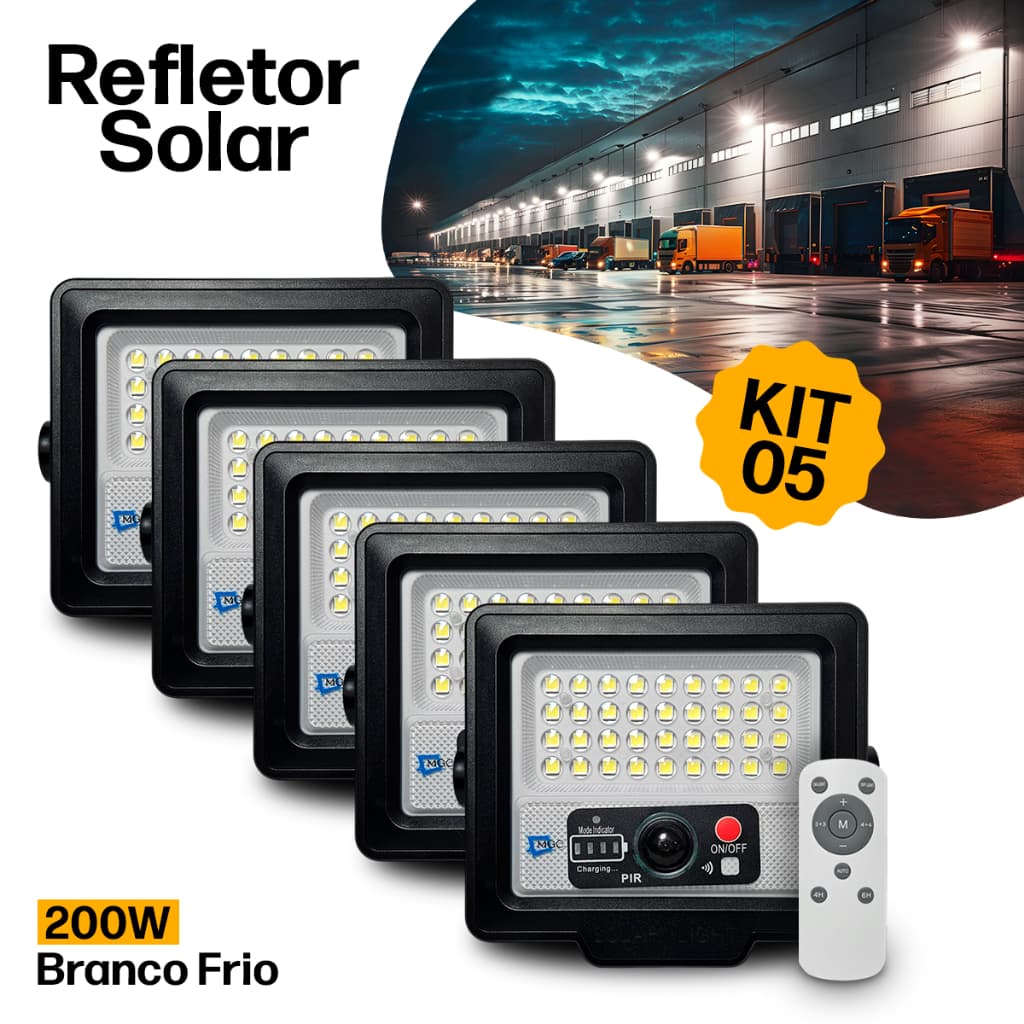 Kit 5 Luminária Refletor Solar LED 200W Prova D’Água Controle Remoto Sensor de Presença 36 Leds