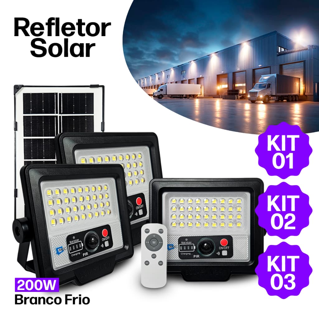 Luminária Refletor Solar LED 200W Prova D’Água Controle Remoto Sensor de Presença 36 Leds