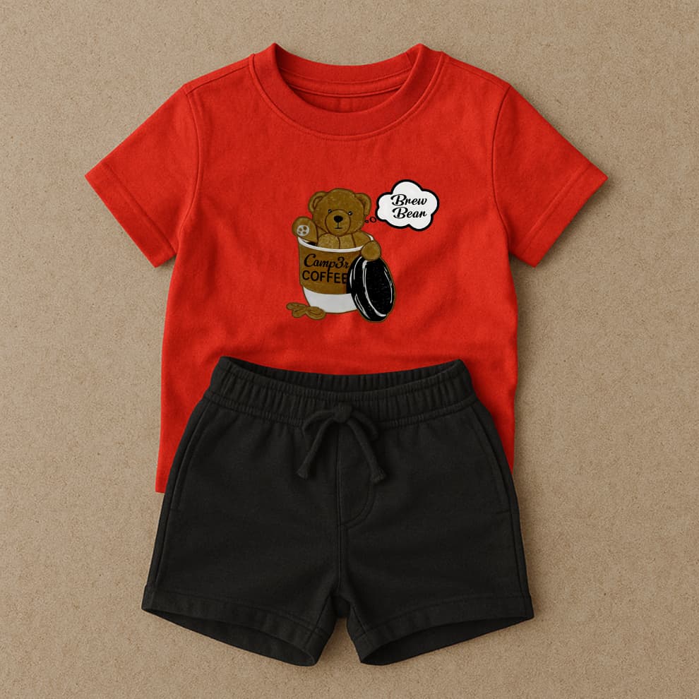 Camiseta Infantil Várias Cores Conjunto Para Menino Menina Bermuda em Moletom Preta Ursinho Café