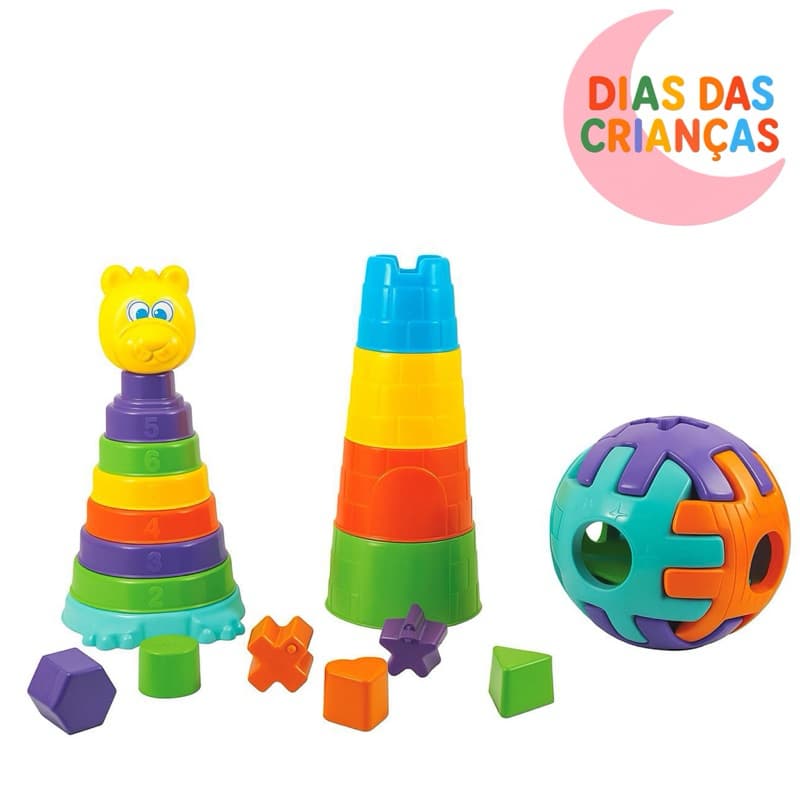 Brinquedo educativo mega educativo Kendy, Monta e Desmonta, bolinha de encaixe e torre de cones coloridos +12 meses