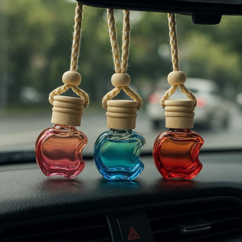 kit 3 Cheirinho para carro Vidro formato Maçã com tampa Madeira