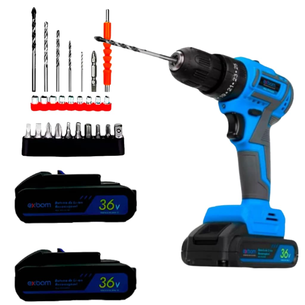 Kit Parafusadeira Furadeira 36V com 2 Baterias + Maleta + Acessórios Completo