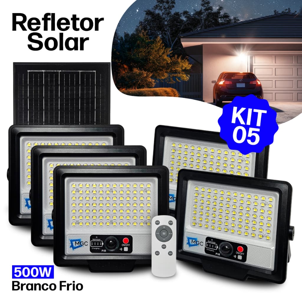 Kit 5 Luminária Refletor Solar LED 500W Prova D’Água Controle Remoto Sensor de Presença 84 Leds