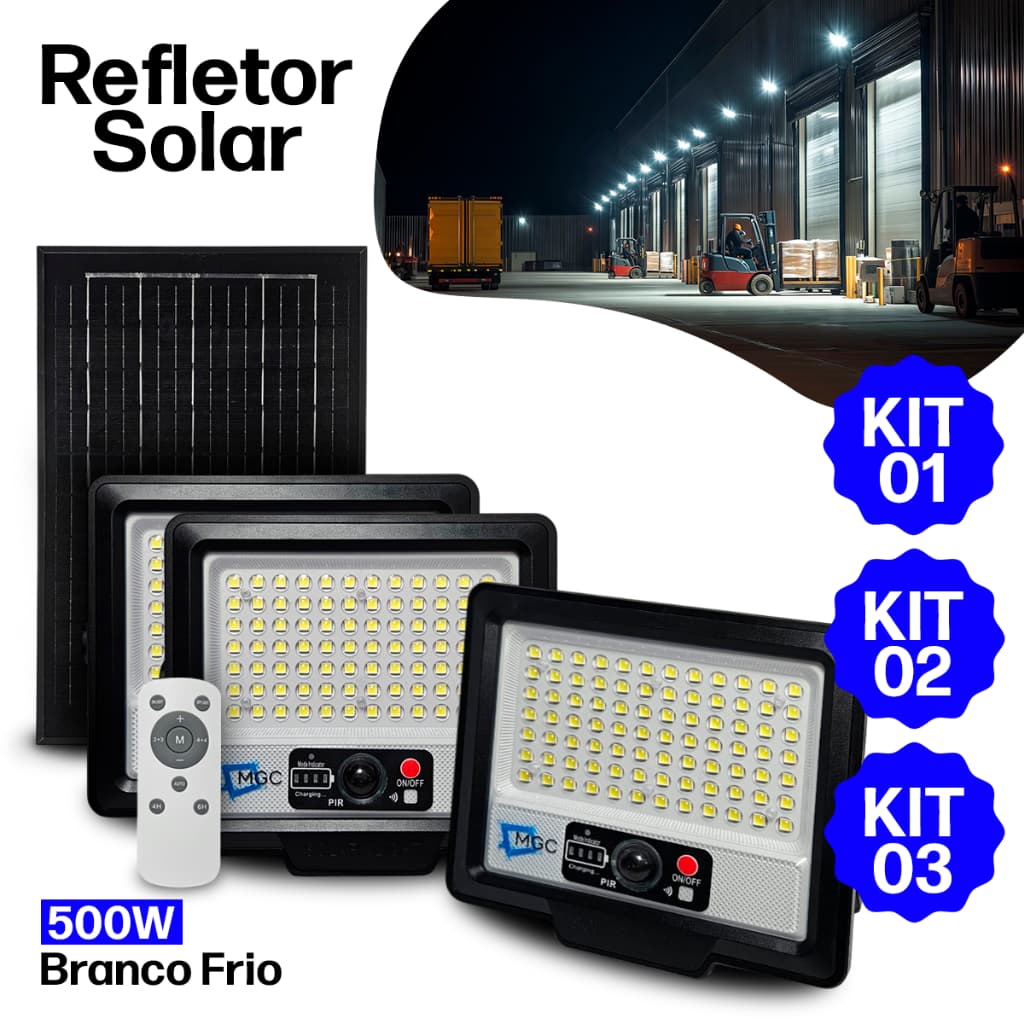 Kit 1/2/3 Luminária Refletor Solar LED 500W Prova D’Água Controle Remoto Sensor de Presença 84 Leds