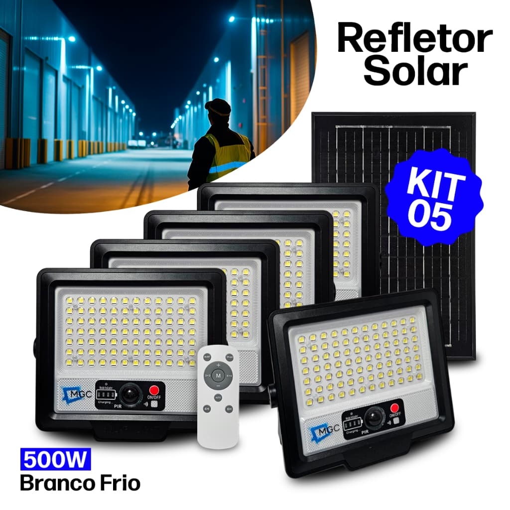 Kit 5 Luminária Refletor Solar LED 500W Prova D’Água Controle Remoto Sensor de Presença 84 Leds