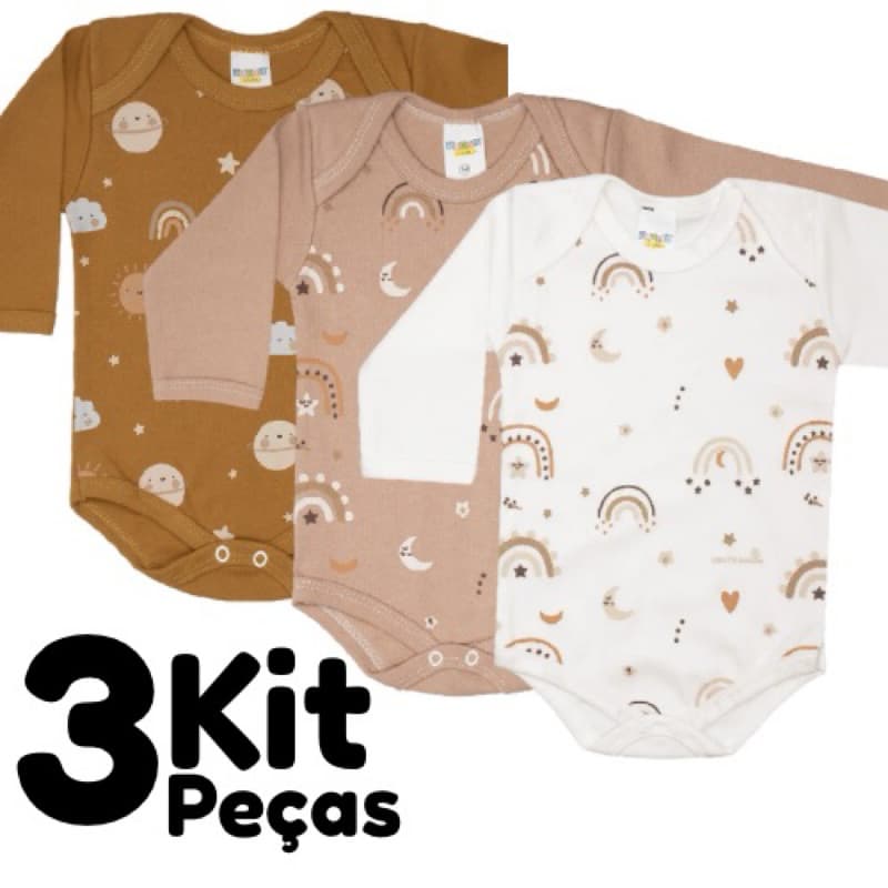 Body de Bebê Manga Longa kit 3 peças Suedine 100% Algodão Enxoval menino menina