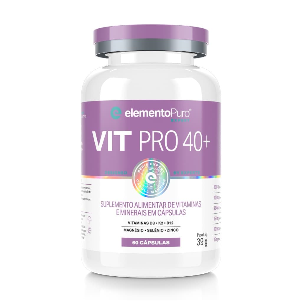 Vitaminas e Minerais VIT PRO 40+ 60 Cap Selênio Zinco Magnésio Vitaminas D3 + K2 + B12 elementoPuro