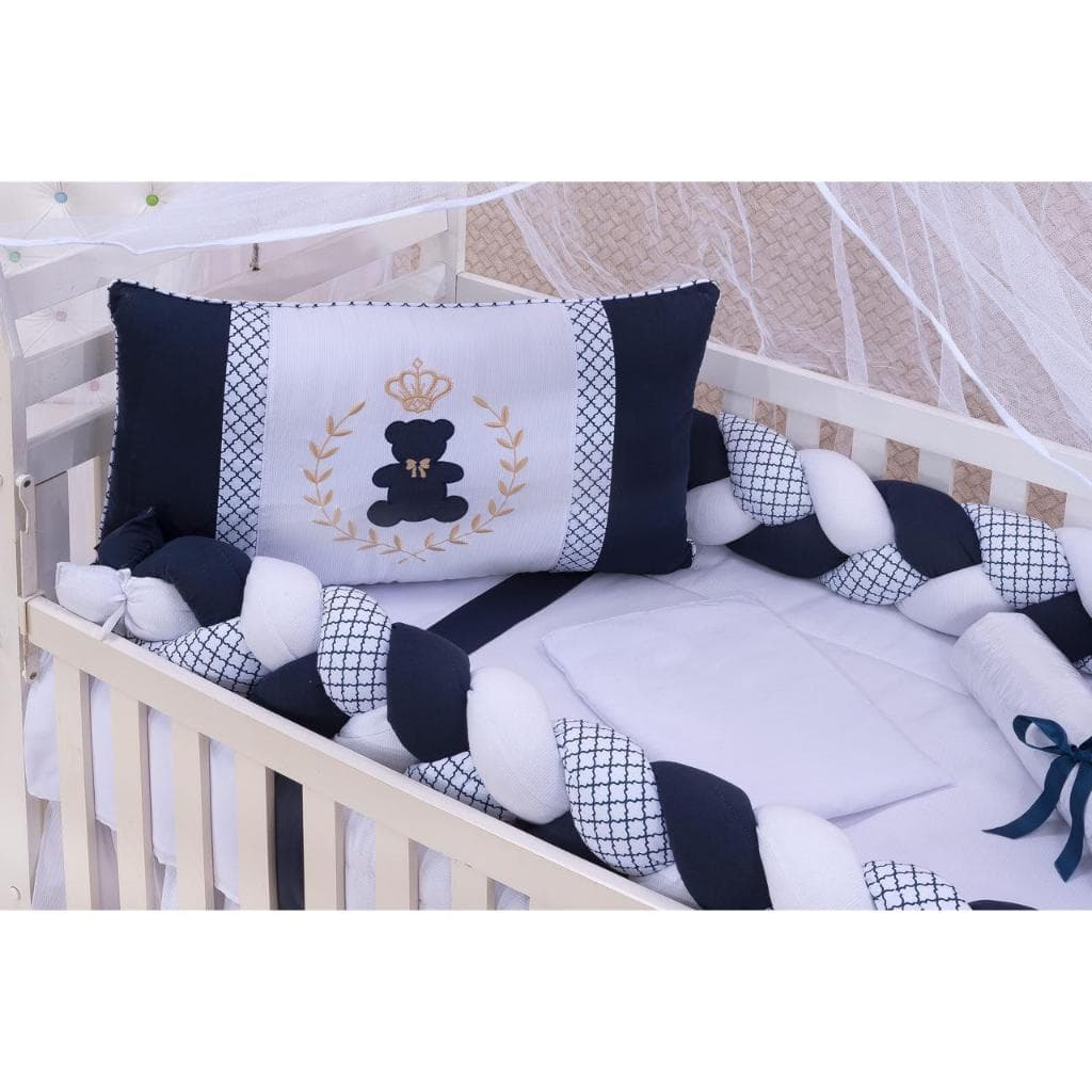 KIT ENXOVAL PARA BERÇO BEBÊ MODELO DE TRANÇA 8 PEÇAS LORENZO MARINHO/BRANCO MENINO LUXO