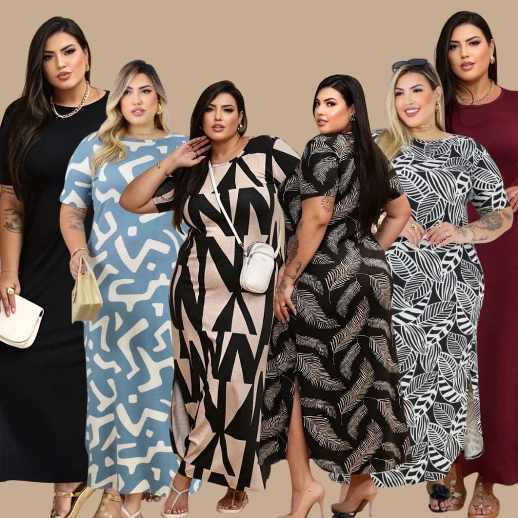 Vestido Longo Curve Curvy Plus size moda evangélica com fenda estampado e liso do 44 ao 58 Casual