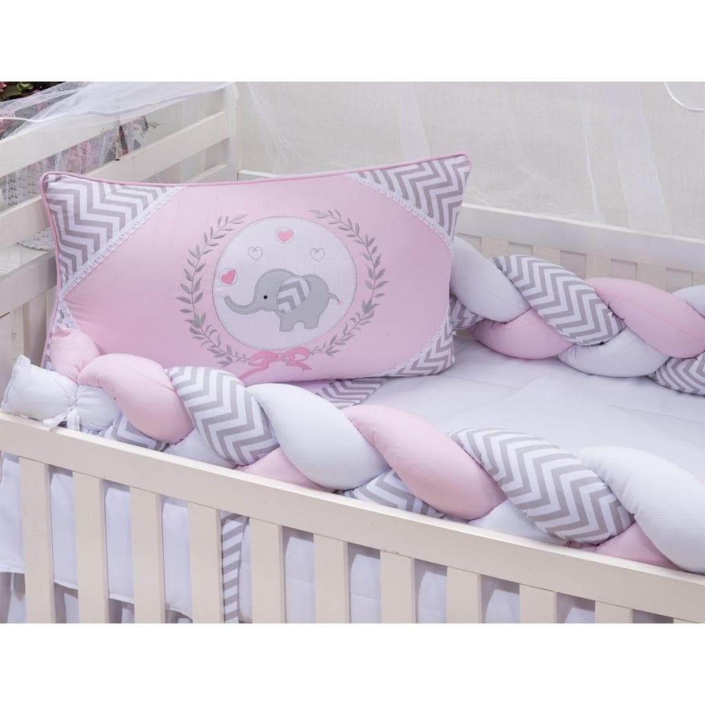 KIT ENXOVAL PARA BERÇO BEBÊ MODELO DE TRANÇA 8 PEÇAS ELEFANTINHO ROSA/BRANCO MENINA DELICADO LUXO