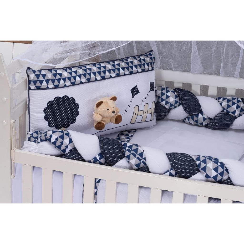 KIT ENXOVAL PARA BERÇO BEBÊ MODELO DE TRANÇA 8 PEÇAS URSINHO CARINHOSO MARINHO/BRANCO LUXO