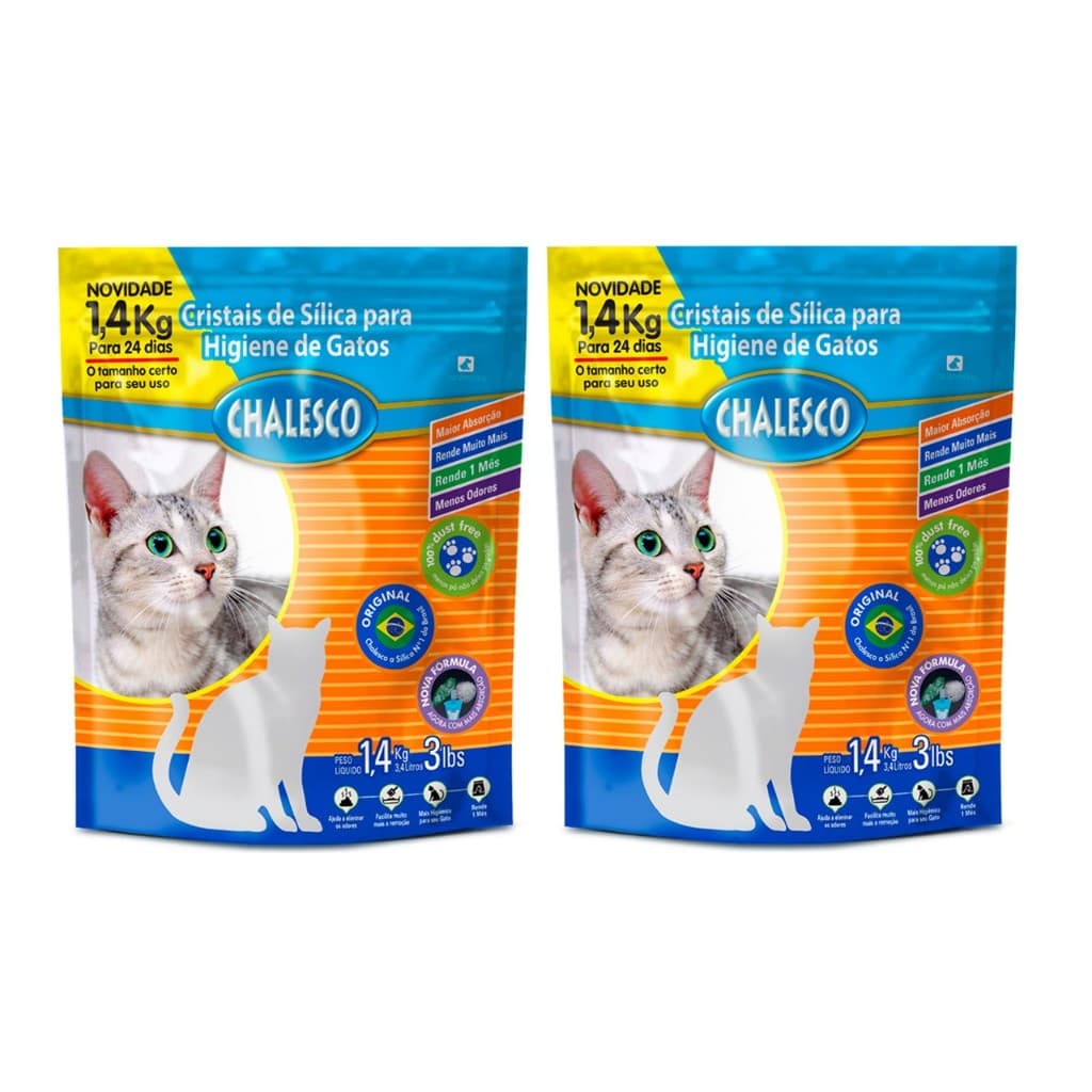 Kit 2 Areias Sanitária Cristais Sílica Grossa 1,4kg Chalesco - Alta Absorção e Neutralizador de Odor - Pacote Econômico