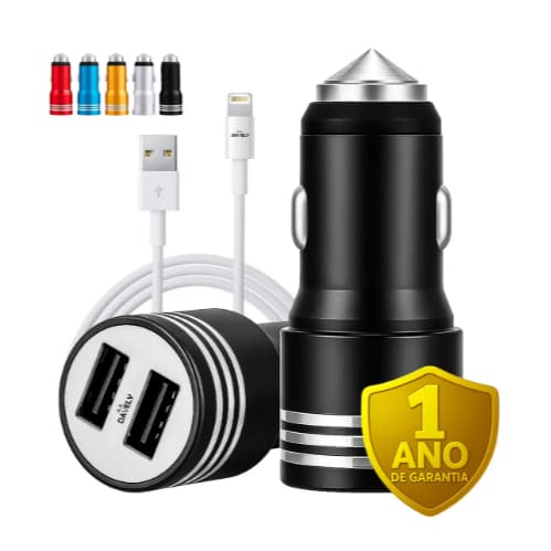 Kit Carregador Veicular Tomada Duplo 2 USB 3.4 A Metal + Cabo 1 Metro Para iPhone IOS Davely