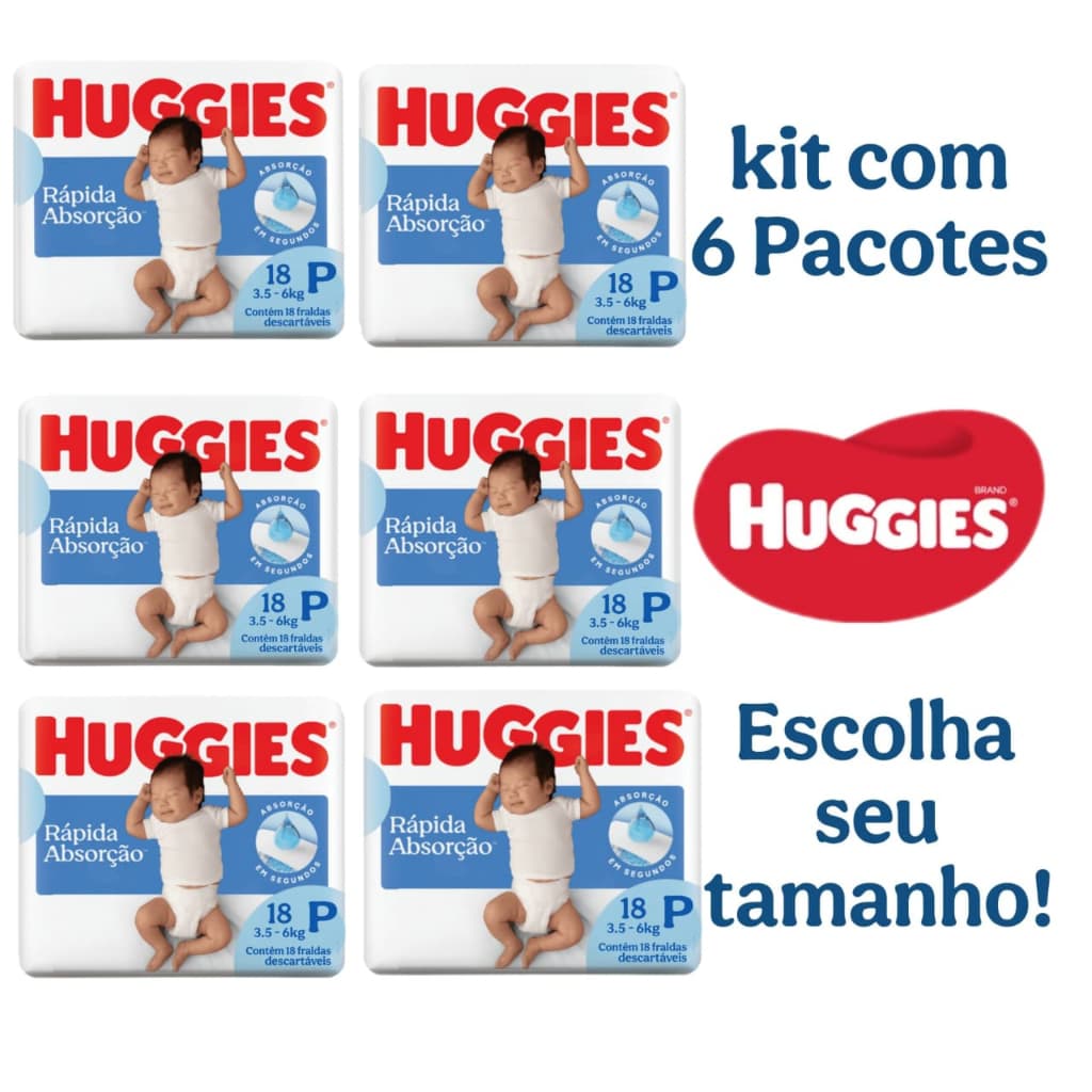 Kit 6 Pacotes de Fralda Huggies Tripla Proteção P, M, G, XG