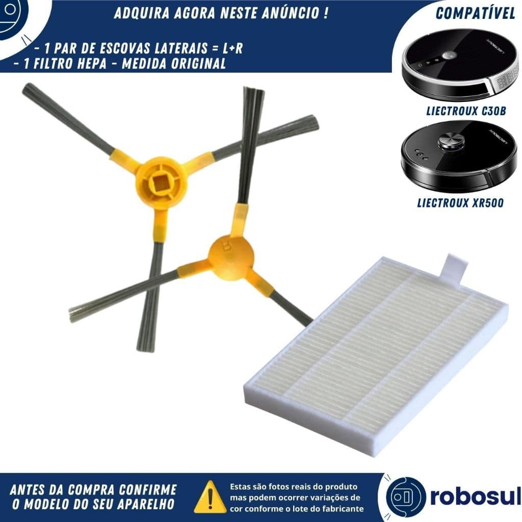 Par de Escovas Laterais e Filtro Para Robô Aspirador Liectroux XR500 E C30B