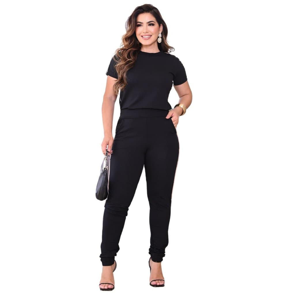 Conjunto Feminino Casual Blusa Calça Elegante em Moletinho Premium com Listras Academia Fitness Social Roupa Feminina