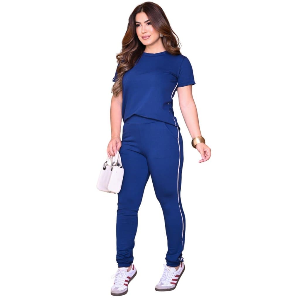 Conjunto Feminino Sofisticado Blusa Calça em Moletinho Comfort Premium com Listras Academia Fitness Roupa Feminina