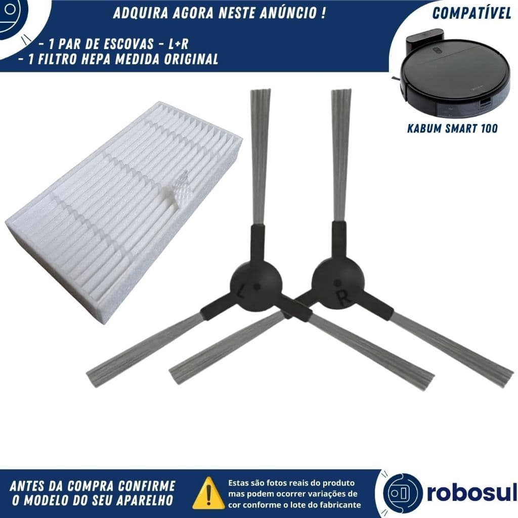 Par Escova Lateral e Filtro Hepa Para Robô Aspirador Kabum Smart 100