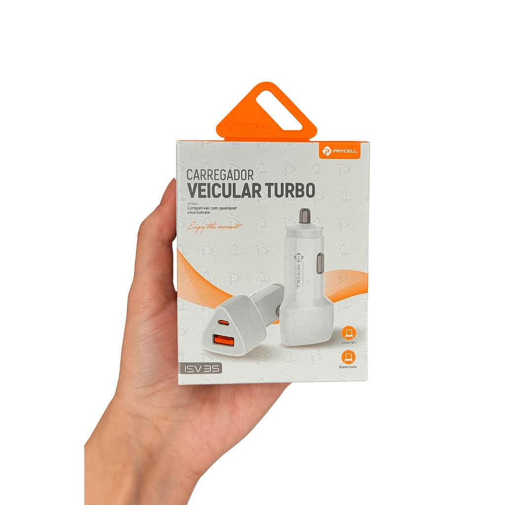 Carregador Veicular Turbo PMCELL CV-38 20W com Cabo USB-A + USB-C – Carregamento Rápido e Seguro