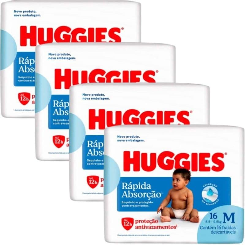 4 Pacotes da Fralda Descartável Huggies Rápida Absorção, Tamanho M