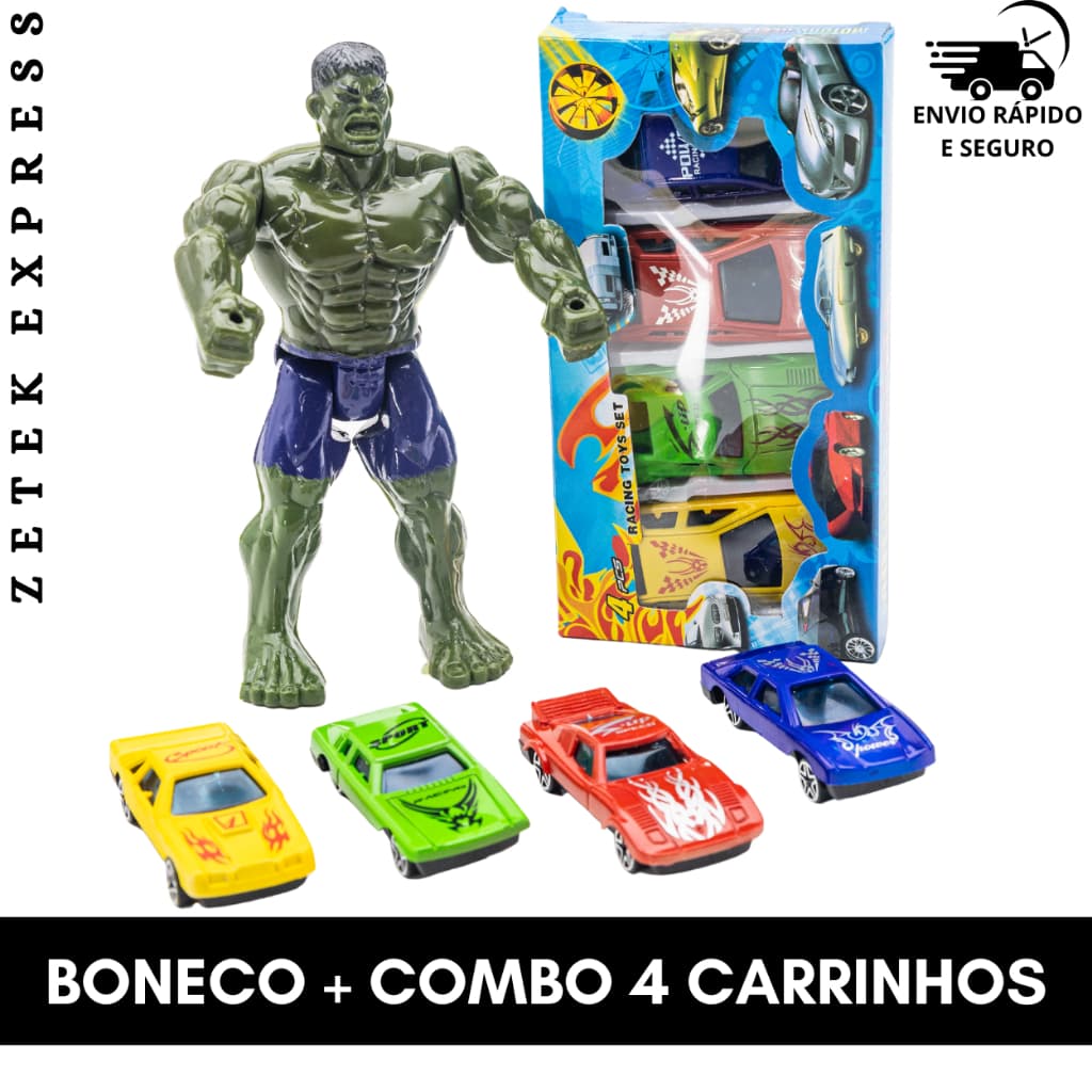 Kit com Boneco Articulado 16cm + 3 Carrinhos  Corridas e Aventuras para Crianças Presente Para Meninos