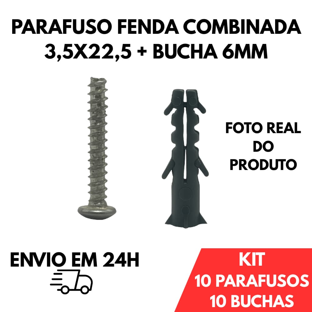 Kit Parafuso Fenda Combinada 3,5 x 22,5 + Bucha 6mm - Kit De Fixação Completo Com 20 Unidades