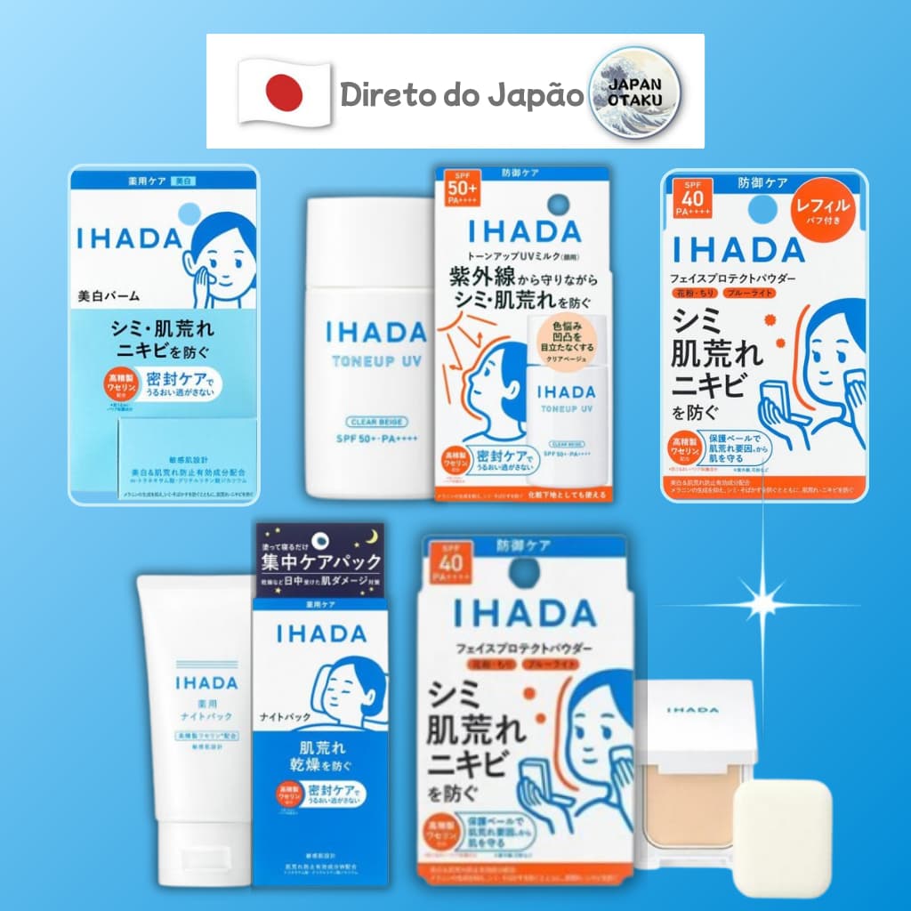 Shiseido IHADA Pó protetor facial medicinal 9g FPS40 PA++++ / Pacote noturno 70g / Bálsamo transparente 18g / Leite protetor UV facial FPS50+ PA++++ 30ml Japão