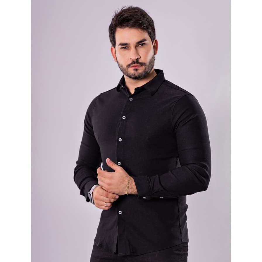 Camisa Social Masculina Manga Comprida Slim Jeans Bengaline