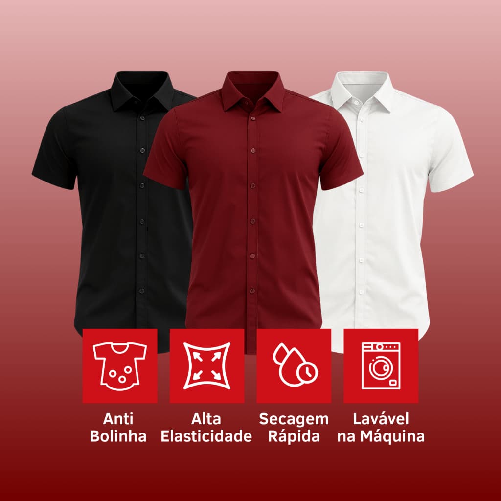 Kit 3 Camisa Social Manga Curta Slim Fit Casual Premium Luxo Elastano Slim Elegante