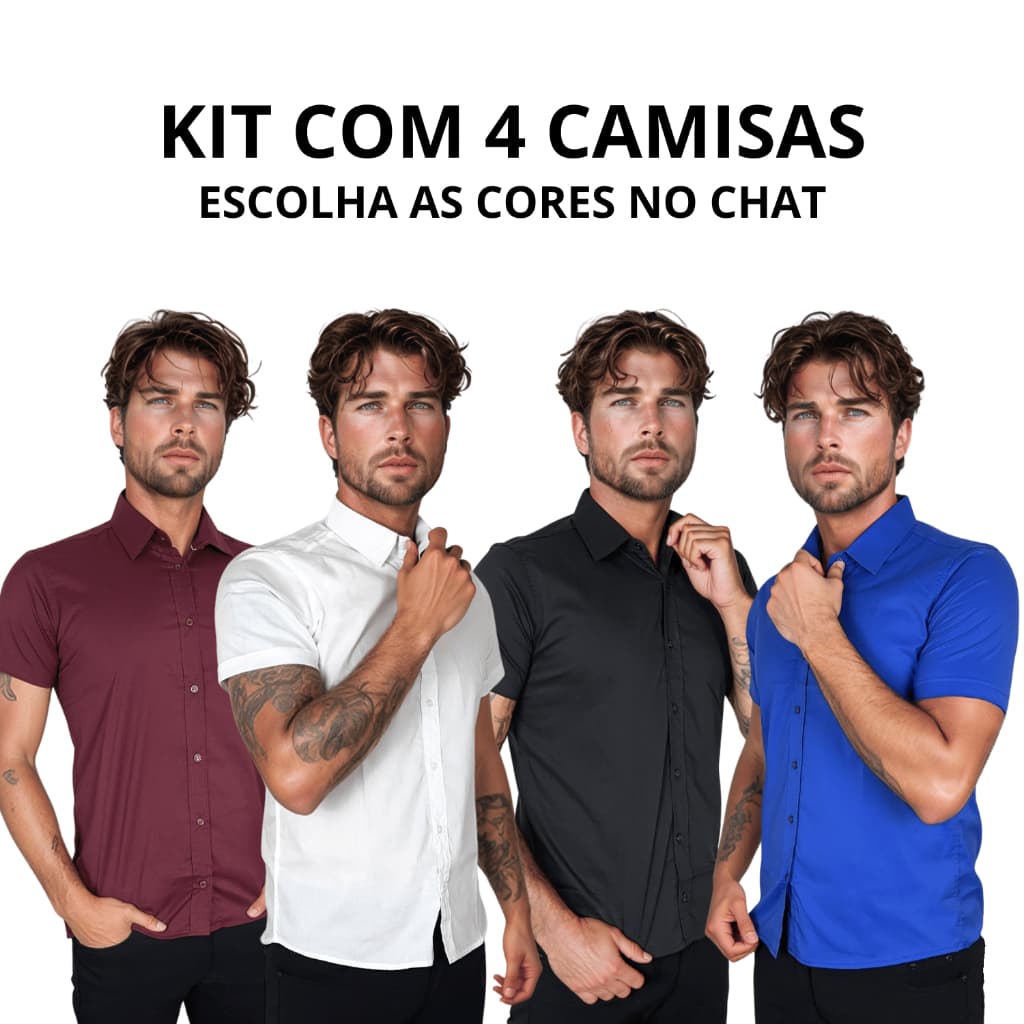 Kit 4 Camisa Social Manga Curta Slim Fit Casual Premium Luxo Elastano Slim Elegante