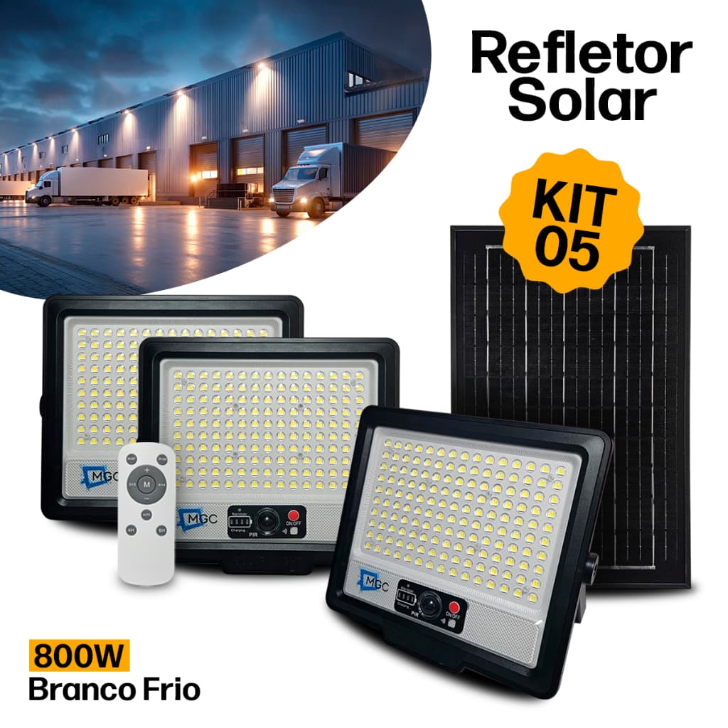 Kit 5 Luminária Refletor Solar LED 800W Prova D’Água Controle Remoto Sensor de Presença 150 Leds