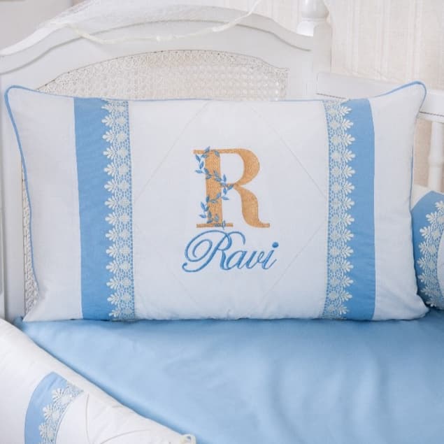 KIT ENXOVAL PARA BERÇO BEBÊ FUNDO PALHA COM AZUL - PERSONALIZAMOS COM O NOME DO SEU BEBÊ - COM SAIA