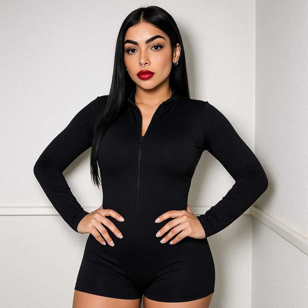 Macaquinho Suplex Feminino Fitness Moda Casual Manga Longa Coladinho Modela o Corpo Com Zíper Reforçado