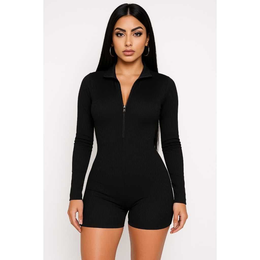 Macaquinho Canelado Feminino Fitness Moda Casual Manga Longa Coladinho Modela o Corpo Com Zíper Reforçado