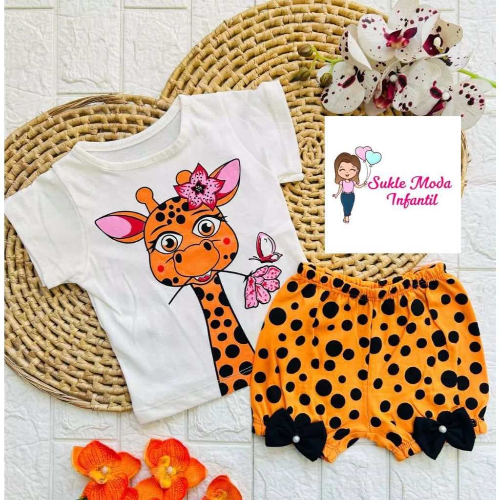 Conjunto Bebe Menina Girafinha de 3 até 6 Meses Roupinha de Bebe Menina Roupa Bebe Menina 2 Peças Camiseta e Short