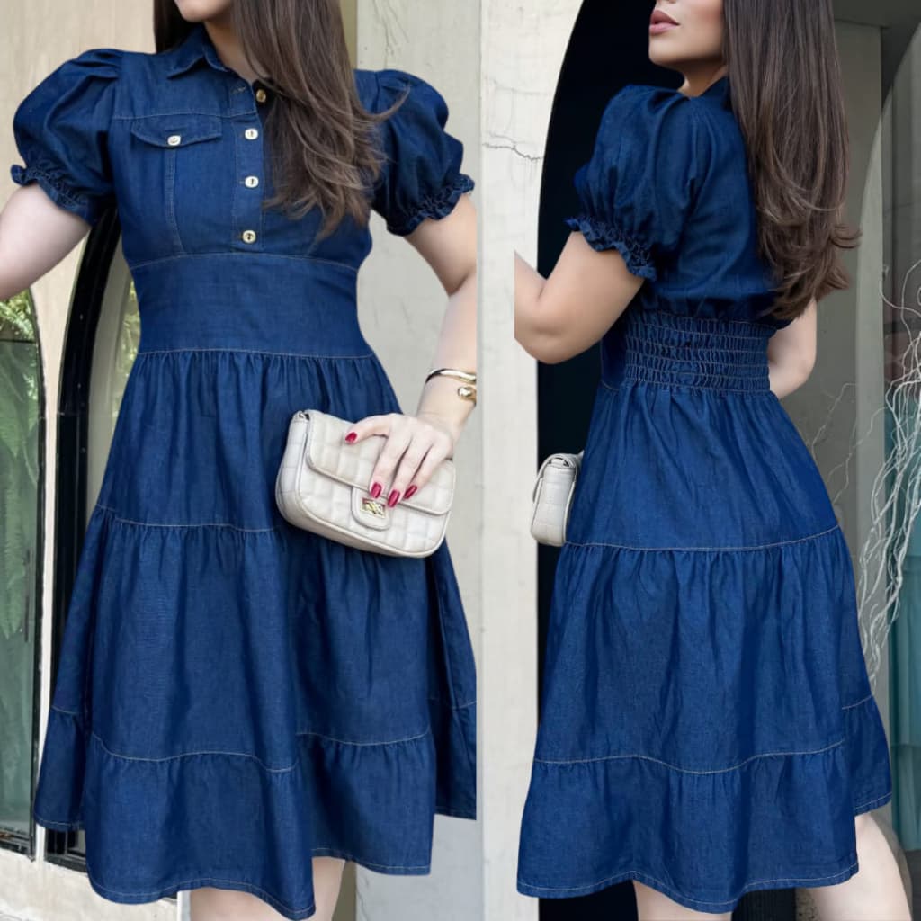 Vestido Jeans FINO Chique Elegante Confortável Feminino 3 marias Original Manga Botões Evangelico