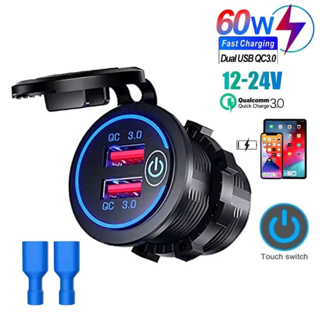 Carregador Automotivo USB QC 3.0 Turbo 2 Saidas 12/24v Botão Touch Carro