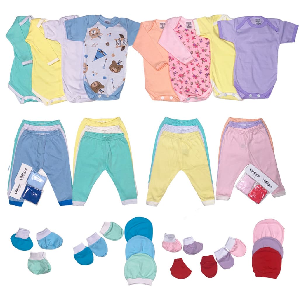 Kit 21 Peças Body Bebê Enxoval Maternidade  Liso Estampado Mijão Touca Luva Meia