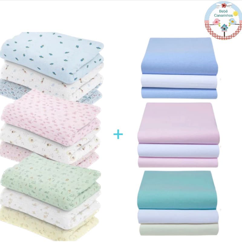 Kit 6 Manta Cueiros Flanelado 80X50cm Liso e Estampados 100% Algodão. Perfeito para o Enxoval Bebê!