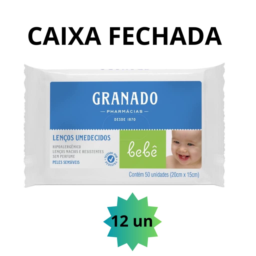 Kit 12 Lenço Umedecido Granado Toalha Pele Sensivel Bebe Neutro Sem Cheiro Caixa Fechada 50 folhas