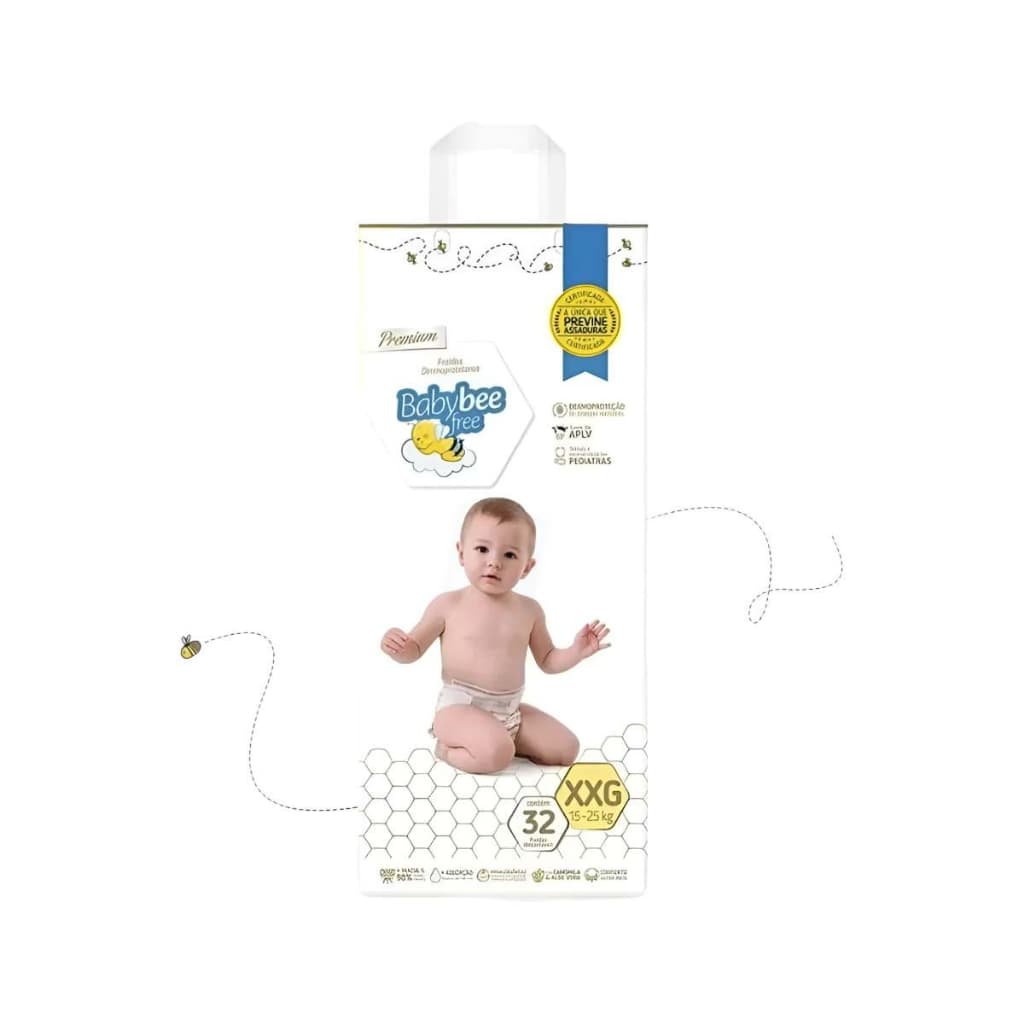 Fralda Descartável Infantil Bebê Dermoprotetora Com Camomila e Aloe Vera Tamanho XXG Com 32 Unidades - Baby Bee Free