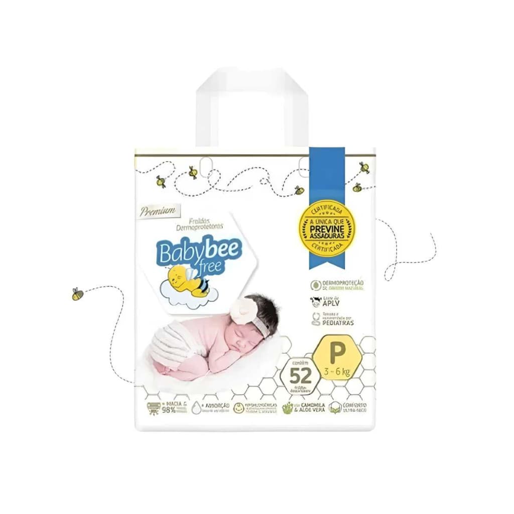 Fralda Descartável Infantil Bebê Dermoprotetora Com Camomila e Aloe Vera Pacotão Tamanho P/ 52 Unidades - Baby Bee Free