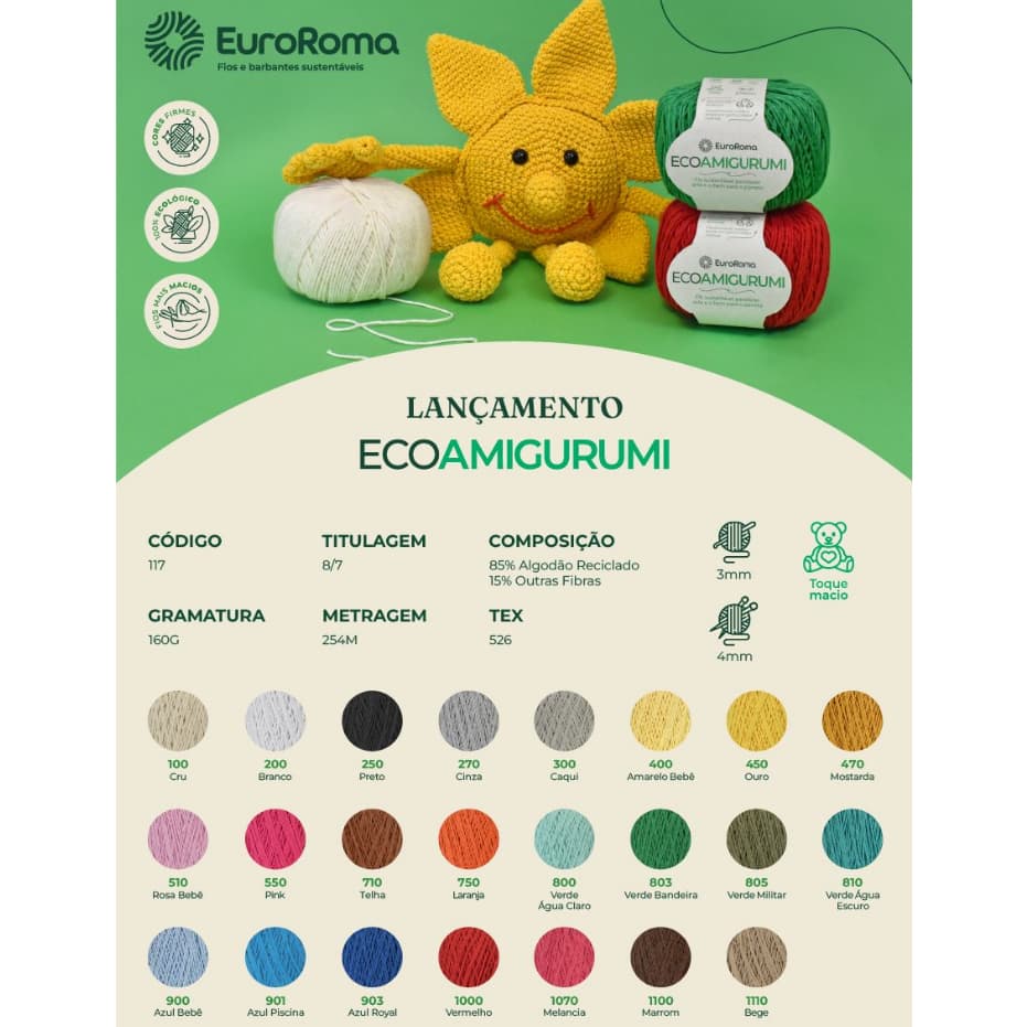 Kit 10 Fio Linha Amigurumi Eco Euroroma 254 Metros 160 Gramas Crochê Escolher Pelo Chat